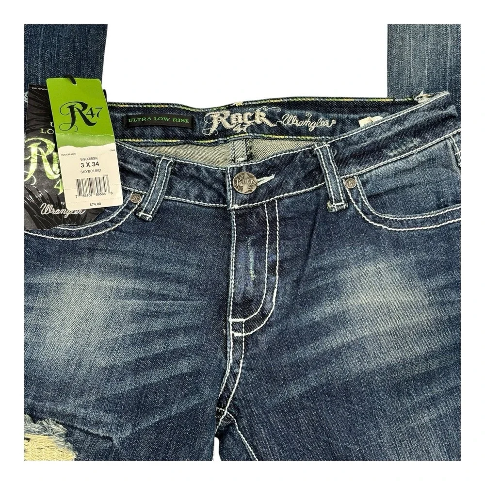Wrangler Rock 47 Ultra‎ Low Rise Bootcut Jeans Size 3 x 34 (32.5) Bling NWT